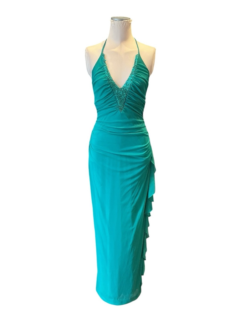 Vintage Y2K My Michelle Sequin Beaded Halter V-neck Ruched Maxi Dress